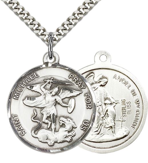 STERLING SILVER ST MICHAEL THE ARCHANGEL PENDANT WITH CHAIN - 1" x 7/8"